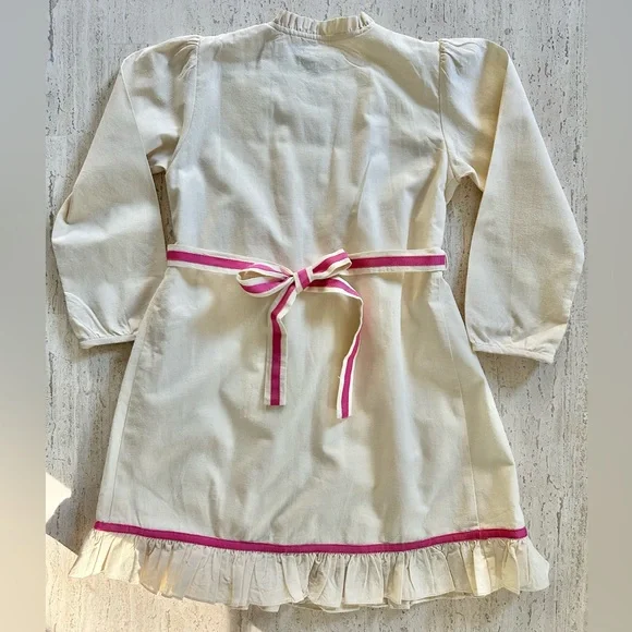 Oscar de la Renta Girl’s Pintuck Ruffle Trim Dress in Cream and Pink, Size 8Y